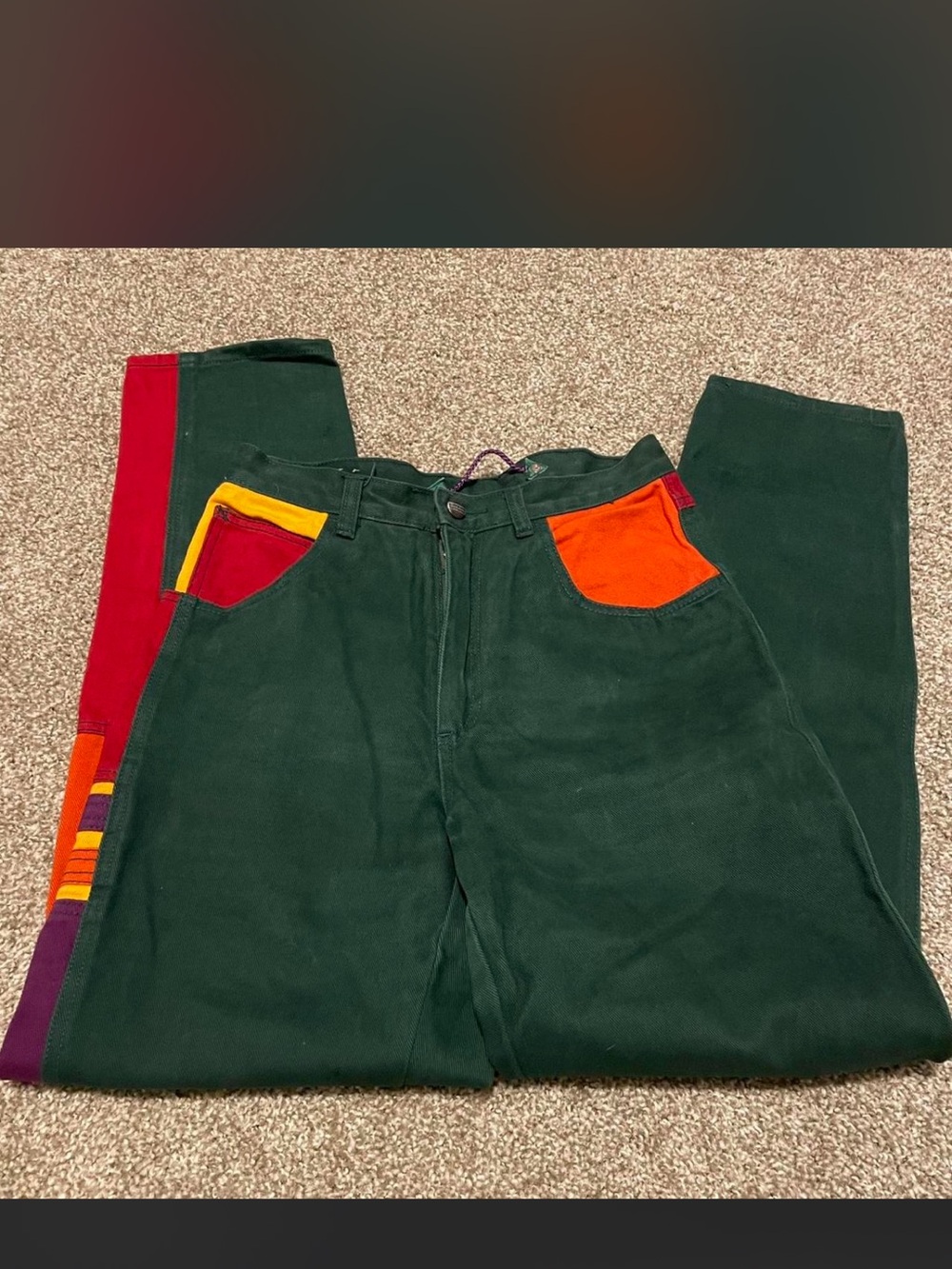 Men's Dark Green Colorblock Work Pants with Multicolor Pockets